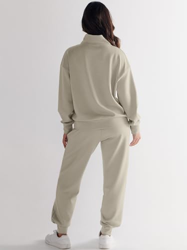ANRABESS Women's 2 Piece Outfits Sweatsuit Half Zip Sweatshirt Jogger Sweatpant Trendy 2024 Fall Lounge Set Tracksuit Clothes Light Khaki Medium