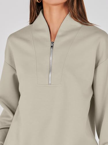 ANRABESS Women's 2 Piece Outfits Sweatsuit Half Zip Sweatshirt Jogger Sweatpant Trendy 2024 Fall Lounge Set Tracksuit Clothes Light Khaki Medium