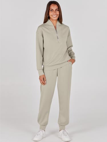 ANRABESS Women's 2 Piece Outfits Sweatsuit Half Zip Sweatshirt Jogger Sweatpant Trendy 2024 Fall Lounge Set Tracksuit Clothes Light Khaki Medium