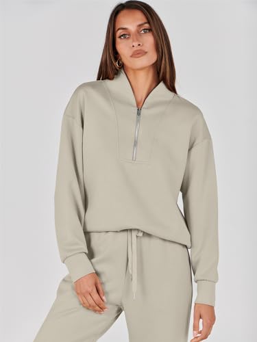 ANRABESS Women's 2 Piece Outfits Sweatsuit Half Zip Sweatshirt Jogger Sweatpant Trendy 2024 Fall Lounge Set Tracksuit Clothes Light Khaki Medium