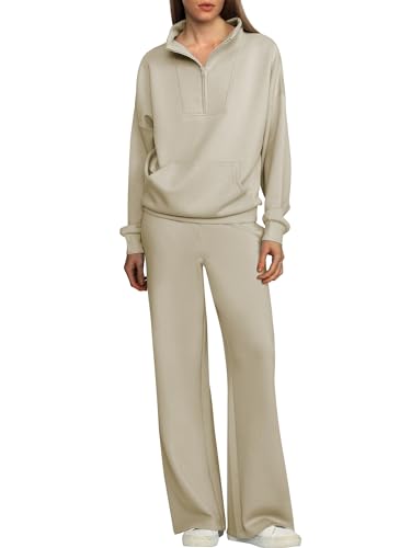 ANRABESS Women 2 Piece Outfits Sweatsuit Quarter Zip Sweatshirt Wide Leg Sweatpants Matching Lounge Set Travel Tracksuit Light Khaki X-Large