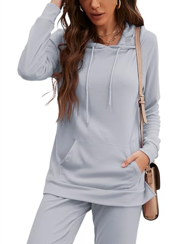ZHENWEI Sweatsuits for Women Set Jogger Set Two Piece Tracksuit Casual Lounge Suit Long Pants Workout Athletic Outfits Hoodie Sweatshirts Pullover with Kangaroo Pockets (Light Grey,Large)