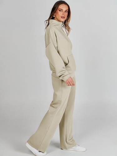 ANRABESS Women 2 Piece Outfits Sweatsuit Quarter Zip Sweatshirt Wide Leg Sweatpants Matching Lounge Set Travel Tracksuit Light Khaki X-Large