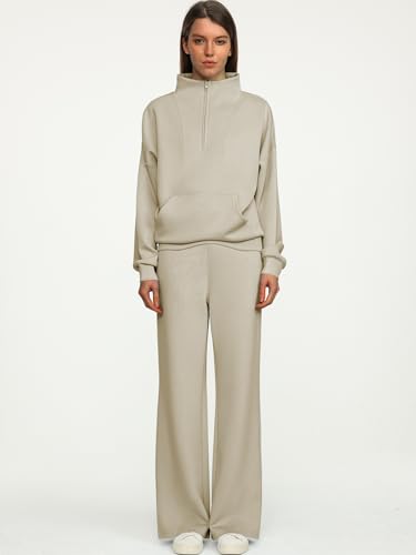 ANRABESS Women 2 Piece Outfits Sweatsuit Quarter Zip Sweatshirt Wide Leg Sweatpants Matching Lounge Set Travel Tracksuit Light Khaki X-Large