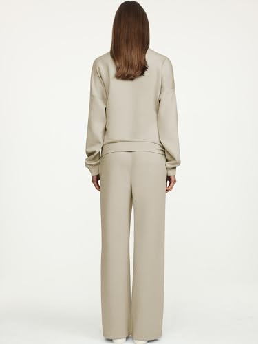 ANRABESS Women 2 Piece Outfits Sweatsuit Quarter Zip Sweatshirt Wide Leg Sweatpants Matching Lounge Set Travel Tracksuit Light Khaki X-Large