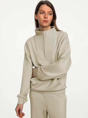 ANRABESS Women 2 Piece Outfits Sweatsuit Quarter Zip Sweatshirt Wide Leg Sweatpants Matching Lounge Set Travel Tracksuit Light Khaki X-Large