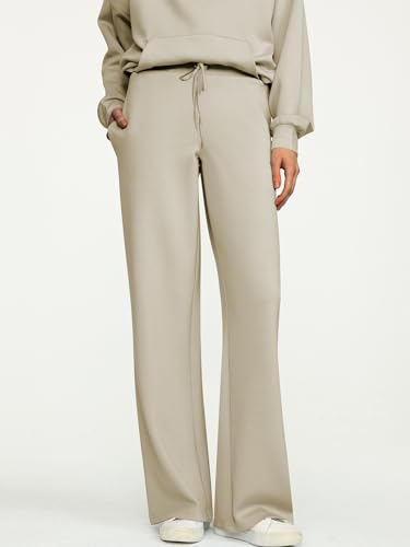 ANRABESS Women 2 Piece Outfits Sweatsuit Quarter Zip Sweatshirt Wide Leg Sweatpants Matching Lounge Set Travel Tracksuit Light Khaki X-Large