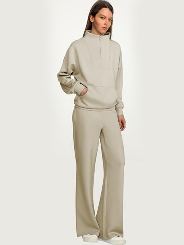ANRABESS Women 2 Piece Outfits Sweatsuit Quarter Zip Sweatshirt Wide Leg Sweatpants Matching Lounge Set Travel Tracksuit Light Khaki X-Large