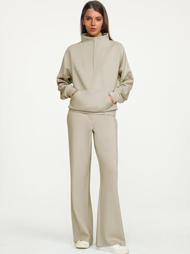 ANRABESS Women 2 Piece Outfits Sweatsuit Quarter Zip Sweatshirt Wide Leg Sweatpants Matching Lounge Set Travel Tracksuit Light Khaki X-Large