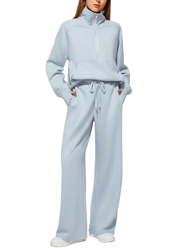 Casly Lamiit Women Two Piece Set 2024 Fall Winter Outfits Oversized Half Zip Sweatshirt Wide Leg Sweatpant Lounge Matching Set Athletic Fashion Travel Clothes Set Sweatsuit Light Blue M