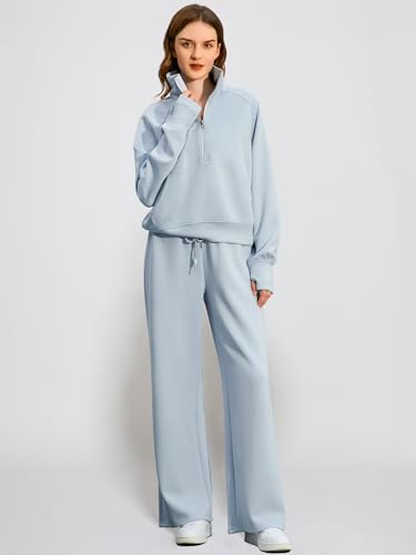 Casly Lamiit Women Two Piece Set 2024 Fall Winter Outfits Oversized Half Zip Sweatshirt Wide Leg Sweatpant Lounge Matching Set Athletic Fashion Travel Clothes Set Sweatsuit Light Blue M