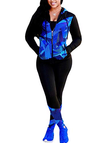 Angsuttc Womens Casual Sport 2 Piece Outfit Full-Zip Hoodie Jacket and Skinny Pants Set Tracksuit Blue XL
