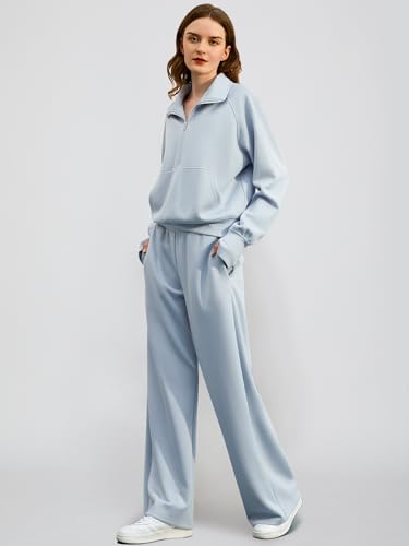 Casly Lamiit Women Two Piece Set 2024 Fall Winter Outfits Oversized Half Zip Sweatshirt Wide Leg Sweatpant Lounge Matching Set Athletic Fashion Travel Clothes Set Sweatsuit Light Blue M