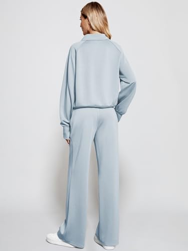 Casly Lamiit Women Two Piece Set 2024 Fall Winter Outfits Oversized Half Zip Sweatshirt Wide Leg Sweatpant Lounge Matching Set Athletic Fashion Travel Clothes Set Sweatsuit Light Blue M