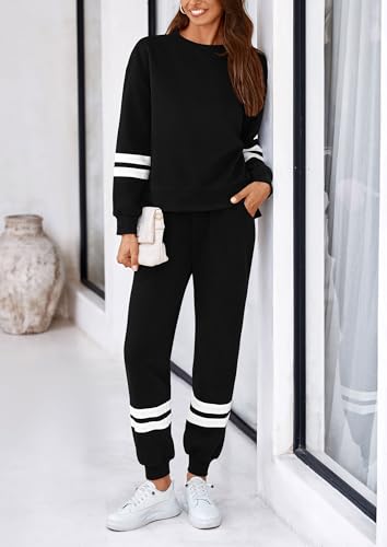 PRETTYGARDEN 2 Piece Lounge Sets for Women 2024 Fall Travel Outfits Track Suits Matching Airport Loungewear Clothing (Striped Black,Medium)