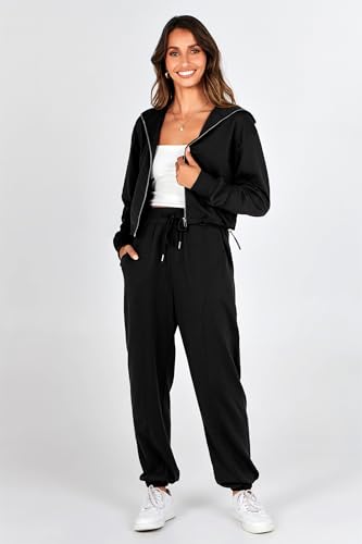 PRETTYGARDEN Women's 2 Piece Tracksuit Outfits Long Sleeve Zip Up Sweatshirt Drawstring Sweatpants Lounge Set (Black,Medium)
