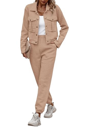 PRETTYGARDEN Womens 2024 Fall 2 Piece Outfits Tracksuit Long Sleeve Button Down Shacket Jacket Pockets Long Pants Casual Set (Dark Khaki,Large)