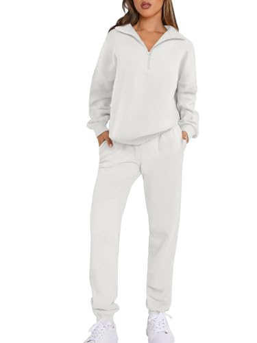 Prinbara Women 2 Piece Outfits Sweat Set 2024 Fall Oversized Sweatshirts Jogger Sweatpants Lounge Sets Tracksuit White Medium