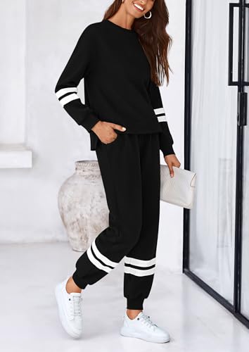 PRETTYGARDEN 2 Piece Lounge Sets for Women 2024 Fall Travel Outfits Track Suits Matching Airport Loungewear Clothing (Striped Black,Medium)
