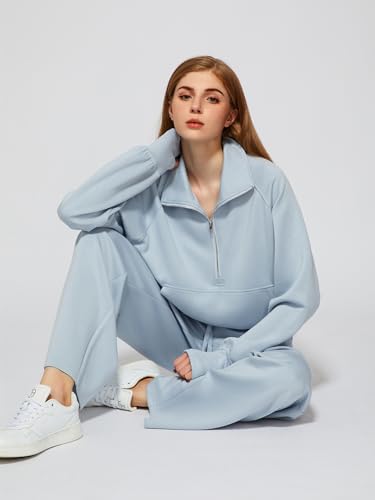 Casly Lamiit Women Two Piece Set 2024 Fall Winter Outfits Oversized Half Zip Sweatshirt Wide Leg Sweatpant Lounge Matching Set Athletic Fashion Travel Clothes Set Sweatsuit Light Blue M