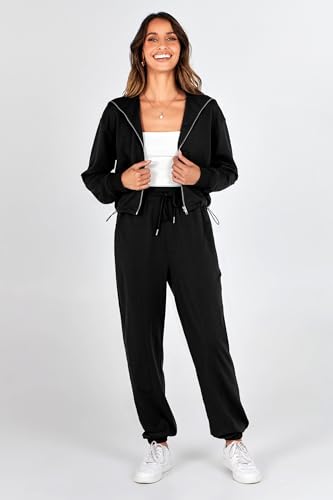 PRETTYGARDEN Women's 2 Piece Tracksuit Outfits Long Sleeve Zip Up Sweatshirt Drawstring Sweatpants Lounge Set (Black,Medium)
