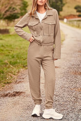 PRETTYGARDEN Womens 2024 Fall 2 Piece Outfits Tracksuit Long Sleeve Button Down Shacket Jacket Pockets Long Pants Casual Set (Dark Khaki,Large)