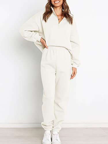 Prinbara Women 2 Piece Outfits Sweat Set 2024 Fall Oversized Sweatshirts Jogger Sweatpants Lounge Sets Tracksuit White Medium