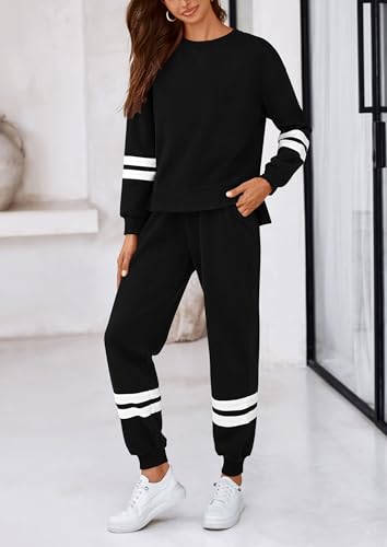PRETTYGARDEN 2 Piece Lounge Sets for Women 2024 Fall Travel Outfits Track Suits Matching Airport Loungewear Clothing (Striped Black,Medium)