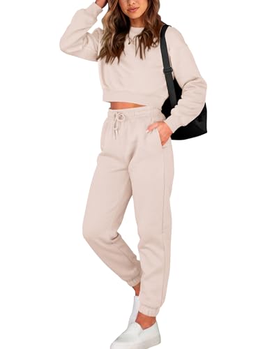 BTFBM Women 2 Piece Outfits Long Sleeve Crop Top Pullover Drawstring Pant Jogger Set Casual Sweatsuits Tracksuit Pockets(Solid Beige, Medium)