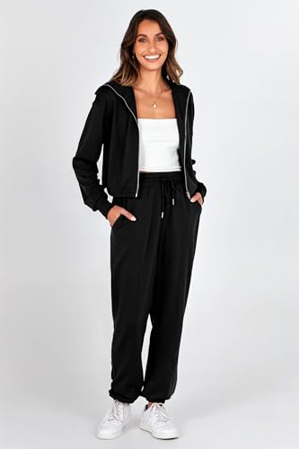 PRETTYGARDEN Women's 2 Piece Tracksuit Outfits Long Sleeve Zip Up Sweatshirt Drawstring Sweatpants Lounge Set (Black,Medium)