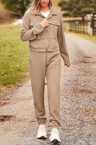 PRETTYGARDEN Womens 2024 Fall 2 Piece Outfits Tracksuit Long Sleeve Button Down Shacket Jacket Pockets Long Pants Casual Set (Dark Khaki,Large)