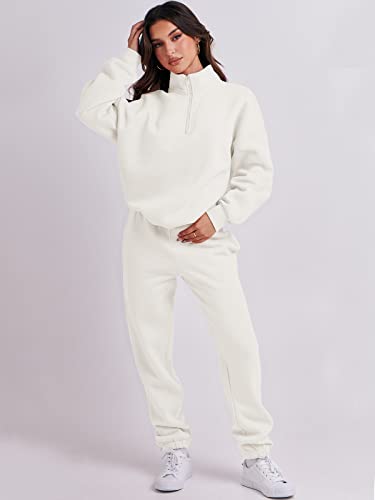 Prinbara Women 2 Piece Outfits Sweat Set 2024 Fall Oversized Sweatshirts Jogger Sweatpants Lounge Sets Tracksuit White Medium
