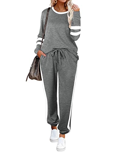 Aloodor 2 Piece Outfits for Women Crewneck Workout Sweatsuit Sets Loose Fitting Tops Gray M