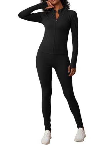 AUXDIO Two Piece Workout Outfits for Women Zip Up Slim Fit Fashion Yoga Tracksuit Jacket Matching Sweat Pant Set Black Medium
