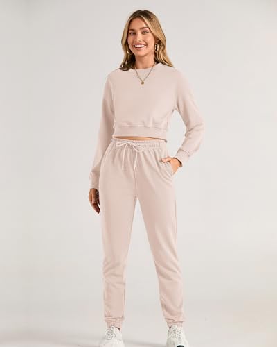 BTFBM Women 2 Piece Outfits Long Sleeve Crop Top Pullover Drawstring Pant Jogger Set Casual Sweatsuits Tracksuit Pockets(Solid Beige, Medium)