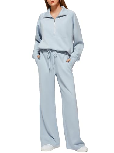 Casly Lamiit Women Two Piece Set 2024 Fall Winter Outfits Oversized Half Zip Sweatshirt Wide Leg Sweatpant Lounge Matching Set Athletic Fashion Travel Clothes Set Sweatsuit Light Blue M