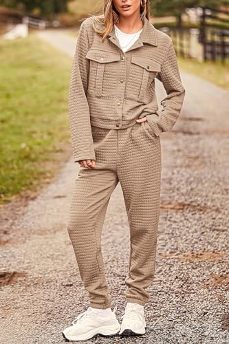 PRETTYGARDEN Womens 2024 Fall 2 Piece Outfits Tracksuit Long Sleeve Button Down Shacket Jacket Pockets Long Pants Casual Set (Dark Khaki,Large)