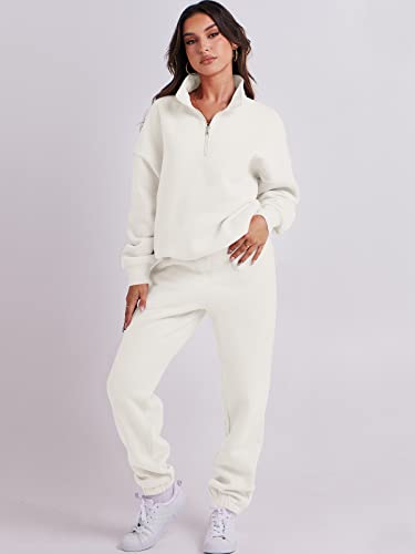 Prinbara Women 2 Piece Outfits Sweat Set 2024 Fall Oversized Sweatshirts Jogger Sweatpants Lounge Sets Tracksuit White Medium