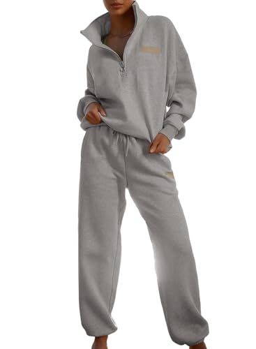 Herseas Women Two Piece Outfits Fleece Half Zip Oversized Sweatshirt Jogger Pants Matching Set Y2K Tracksuit Pants Set Gray Large 12 14