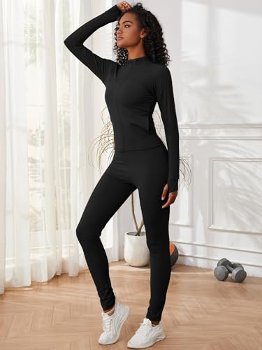 AUXDIO Two Piece Workout Outfits for Women Zip Up Slim Fit Fashion Yoga Tracksuit Jacket Matching Sweat Pant Set Black Medium
