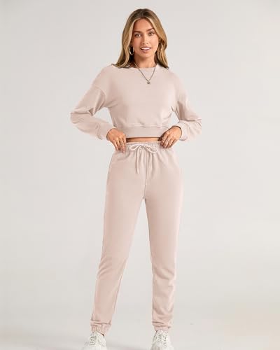 BTFBM Women 2 Piece Outfits Long Sleeve Crop Top Pullover Drawstring Pant Jogger Set Casual Sweatsuits Tracksuit Pockets(Solid Beige, Medium)