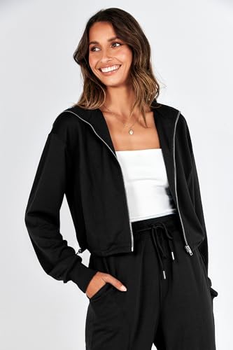 PRETTYGARDEN Women's 2 Piece Tracksuit Outfits Long Sleeve Zip Up Sweatshirt Drawstring Sweatpants Lounge Set (Black,Medium)