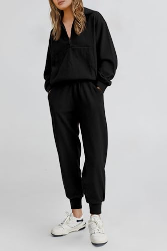 PRETTYGARDEN Womens 2 Piece Sweatsuits Set Long Sleeve Half Zip Pullover Sweatshirt Joggers Sweatpants Fall Outfits Tracksuit (Black,Large)