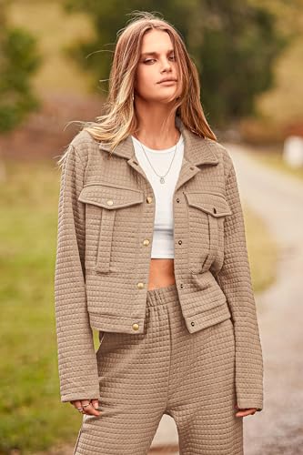 PRETTYGARDEN Womens 2024 Fall 2 Piece Outfits Tracksuit Long Sleeve Button Down Shacket Jacket Pockets Long Pants Casual Set (Dark Khaki,Large)