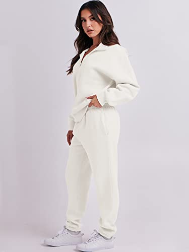 Prinbara Women 2 Piece Outfits Sweat Set 2024 Fall Oversized Sweatshirts Jogger Sweatpants Lounge Sets Tracksuit White Medium