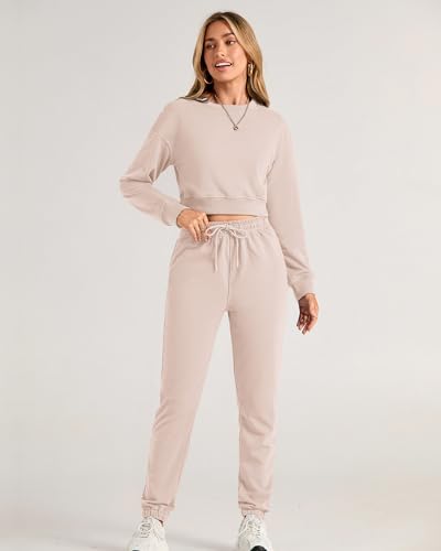 BTFBM Women 2 Piece Outfits Long Sleeve Crop Top Pullover Drawstring Pant Jogger Set Casual Sweatsuits Tracksuit Pockets(Solid Beige, Medium)