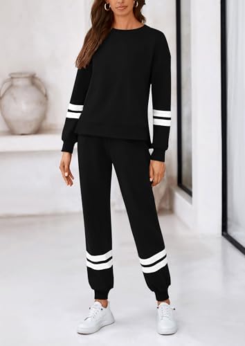 PRETTYGARDEN 2 Piece Lounge Sets for Women 2024 Fall Travel Outfits Track Suits Matching Airport Loungewear Clothing (Striped Black,Medium)