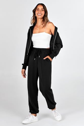 PRETTYGARDEN Women's 2 Piece Tracksuit Outfits Long Sleeve Zip Up Sweatshirt Drawstring Sweatpants Lounge Set (Black,Medium)