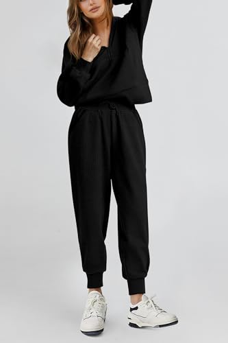 PRETTYGARDEN Womens 2 Piece Sweatsuits Set Long Sleeve Half Zip Pullover Sweatshirt Joggers Sweatpants Fall Outfits Tracksuit (Black,Large)