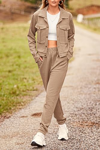 PRETTYGARDEN Womens 2024 Fall 2 Piece Outfits Tracksuit Long Sleeve Button Down Shacket Jacket Pockets Long Pants Casual Set (Dark Khaki,Large)
